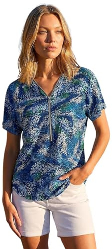 Roman Front Zip Top for Women UK Ladies Brushed Blouse Soft Jumper Smart Casual Work Winter Autumn Spring Warm Long 3/4 Short Sleeve V Neck Sweater T-Shirts - Navy Multi - Size 12