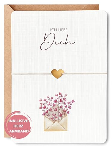 LeniSch Ich liebe dich Karte mit Herz-Armband – Jahrestag & Hochzeitstag Geschenk für Sie und Ihn |Liebesbeweis zum Valentinstag, handgefertigt inkl. Umschlag (DIN A6)