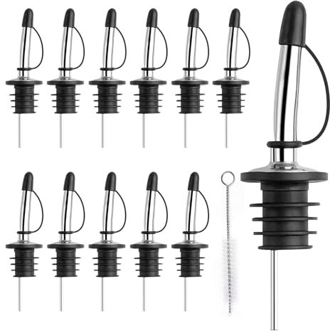 12 beccucci versatori per liquori, versatori veloci in acciaio inox, beccucci affusolati per olio d'oliva per aceto, bottiglie di vino, liquori, accessori per la casa e il bar, con spazzola