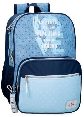 Pepe Jeans Joumma Bags - Zaino da scuola, blu e rosa, in poliestere, spallacci regolabili, per un comodo trasporto, vari scomparti, con portachiavi pompon, blu, Taglia unica, Zaino scuola