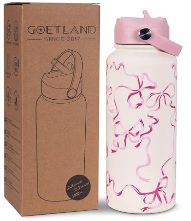 Goetland Ribbon Water Bottle with Straw Lid 32 oz Stainless Steel Wide Mouth Vacuum Double Insulated Drinking Cup Cute Leakproof UV Printing for Women Girls Pink