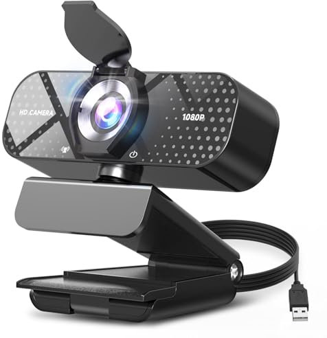 TRAUSI 1080P HD Webcam with Microphone, Noise Cancellation, Privacy Cover, Wide-Angle Lens, Auto Light Correction, Plug & Play USB Webcam for Laptop, Desktop, PC, Mac, Zoom, Skype, Streaming Black
