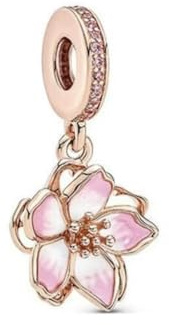 Pink cherry blossom dangle charm with rose gold. Compatible with Pandora and other similar sized charm bracelets