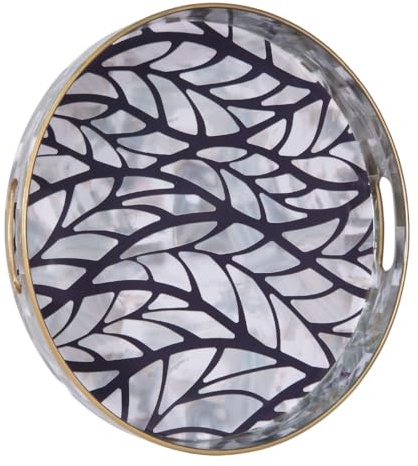 Heaven4you Luxury Elegant Decorative Serving Tray Round Shape Design with Gold Trim | Glossy Finish Organizer or Food Tray for Coffee Table or Dining 33cm x 4cm (Gray Mosaic)