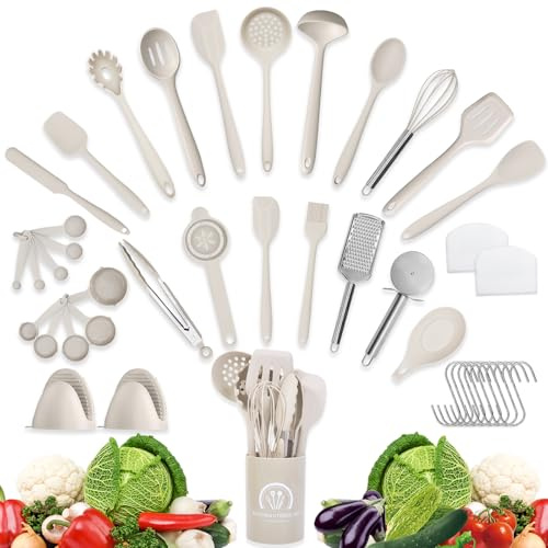Tbintul 43 piezas utensilios de cocina de silicona juego de utensilios de cocina sin BPA caqui
