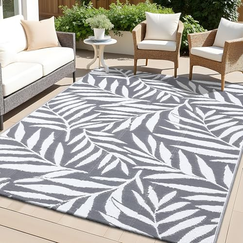 smiry Outdoor Teppich Wasserfest Balkon Camping Teppiche UV-beständig Waschbar Außenteppich Draussen Wendbarer für Terrasse, Garten, Wohnmobil - 150 x 240 cm, Grau & Weiß - Blätter Muster