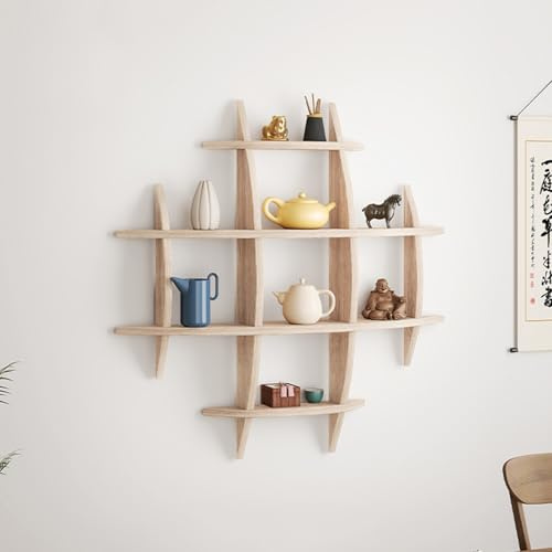 Artisanal Habitat Wandregal aus massivem Holz – Offenes Dekoregal im modernen Design, Vintage Kaffeetassen Regal, für Tee, Bücher & Sammlerstücke, 70/90 cm, in Natur- und Dunkelbraun (Helles A, 90cm)