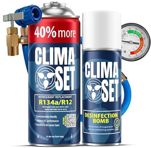ClimaSet - Gaz de Recharge pour climatisation r134a XL, nettoyant pour climatisation et Tuyau - Kit de Recharge de Gaz pour Climatisation pour Automobile - 235 g