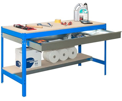 SimonRack Werkbank 600 kg Belastbarkeit, 84,2x151x76 cm, 1 Schublade, Große Arbeitsfläche Arbeitsfläche, Arbeitstisch, Holz-Arbeitsplatte, Blau/Holz - BT0