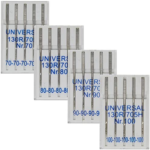 Nähmaschinennadeln Universal, 20 Nadeln Nm 70 bis 100-130R/705H - geschliffener Flachkolben - Ideal für Webstoffe und die meisten Stoffarten, Futterstoffe