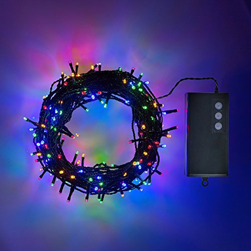 Lights4fun 200 Mulitcoloured LED Outdoor Battery-Operated Fairy Lights on Green Cable - Waterproof String Lights for Garden, Patio, Wedding, and Christmas Decor 20m 8 Lighting Modes & Timer