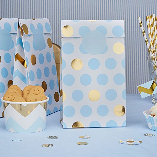 Papiertüten Punkte hellblau gold 20 x 12 x 6 cm 5 Stück - Geschenktüten Hochzeit Candy Bags Kindergeburtstag Mitgebsel Kinderparty Paper Bags Candy Bar Bonbontüten Süßigkeiten-Tüten Dots hellblau gold