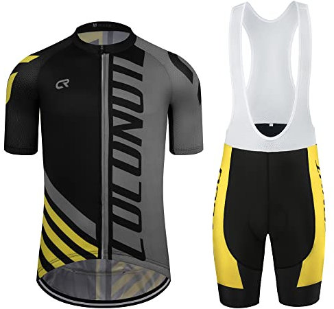 Herren Radtrikot Set Radsport Rennrad Trikot Trägerhose mit 4D Gepolstert Radbekleidung Set für Männer, Grau/Gelb, Klein