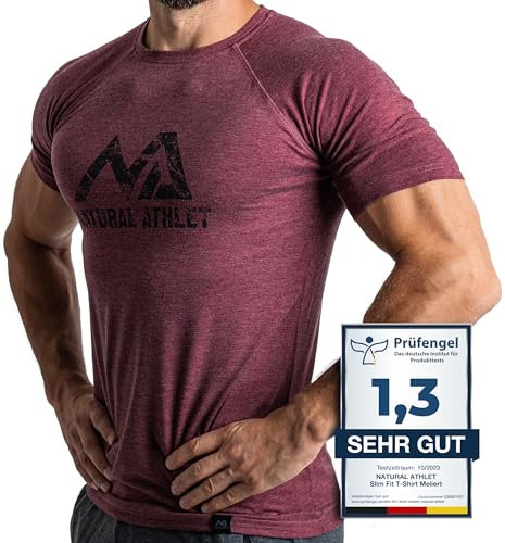 Herren Fitness T-Shirt meliert - Männer Kurzarm Shirt für Gym & Training - Passform Slim-Fit, lang mit Rundhals, Bordeaux, XL
