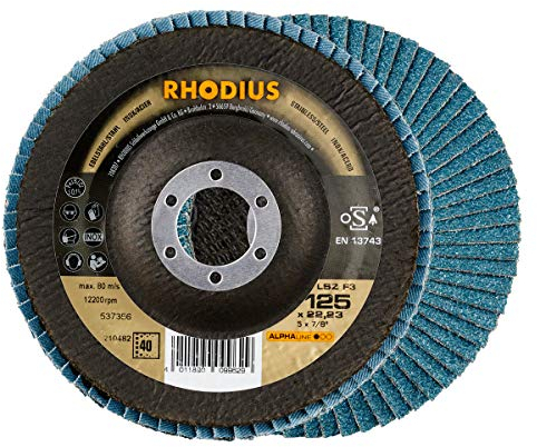 RHODIUS LSZ F3, 10 Stück Ø 125 mm K40 Fächerscheiben, Made in Germany, Metall Schleifscheibe für Winkelschleifer, Fächerschleifscheiben, Lamellenscheibe