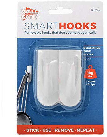Wall Gard 8304 Removable General Purpose Decorative Storage Hooks Concealed Adhesive Strips, White, Medium, Set of 2 Pieces
