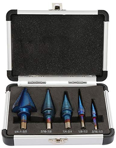 Broca escalonada, 5 piezas HSS Imperial Step Cone Drill Bit Set con varilla triangular, herramientas eléctricas, accesorios para taladro de metal, caja de almacenamiento incluida