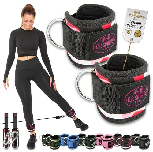 C.P.Sports Fußschlaufen Handschlaufen 2er Set | 2 Stück Nylon Kickback Straps gepolstert | Schlaufen Manschetten + 2X Karabiner für Kabelzug Seilzug Bodybuilding Kraftsport Fitness Gym (camopink)
