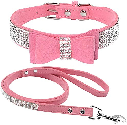 haoyueer Hundehalsband aus weichem Wildleder, schillernd, funkelnd, elegant, ausgefallen, mit Strasssteinen besetzt, für Haustiere, Welpen, Katzen, Hunde, Kombi-Set mit Leine (S, Rosa 1)