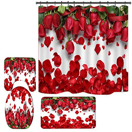 Hankyky Valentines Rideau de douche romantique avec motif rose rouge et fleurs Sweet Heart Love avec tapis antidérapant, tapis de bain et 12 crochets, kit de rideau de douche étanche