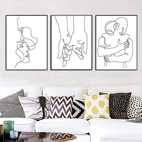 Art Mural Peinture sur Toile Tableau Dessin Au Trait Couple Main Amour Baiser Affiches Et Nordiques Tableaux Murales Minimalistes pour Salon sans Cadre 50x70cm×3pcs