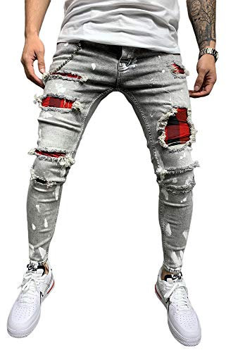 DELIMALI Men's Classic Ripped Jeans, Elastic Waist Stretch Skinny Distressed Denim Trousers Hip Hop Pants Streetwear (Gray, XXL)