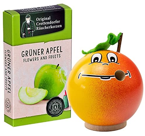 Seiffener Volkskunst | Räucherfigur aus dem Erzgebirge | Freche Früchtchen 7 cm inkl. Crottendorfer Räucherkerzen | Räuchermännchen Deko Figur | Original Erzgebirgische Volkskunst (Apfel)
