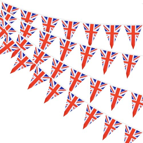 AhfuLife Union Jack Wimpelkette 30 Stück Britische Flaggen, 32,8 Fuß Doppelseitige England Flaggen für Queen's Platinum Jubilee Pub BBQ Royal Party Deko (20 x 28 cm - 12m, 4 Packung)