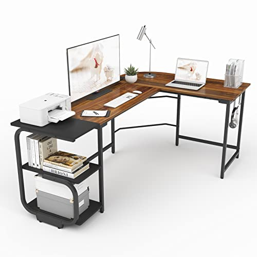 Ulifance L-förmiger Schreibtisch 185 * 120cm mit Regalen, Umkehrbarer Eckschreibtisch Gaming Schreibtisch mit Kopfhörerhaken Computertisch Laptop PC Tisch für das Heimbüro Groß,Teak+ Schwarz