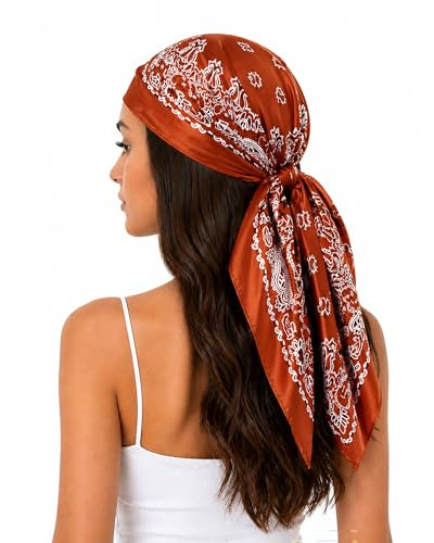 FAIRYGATE Satin Bandana Women Scarf Neck Head Hair Square Scarves Neckerchief Headwear Fashion Paisley Bandanas coral-coloured