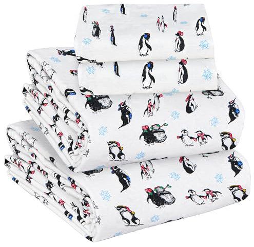 Sleepdown Flanell-Bettwäsche-Set, 100% Baumwolle, 160 g/m², Pinguin, voll