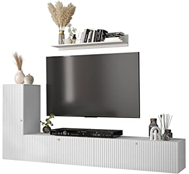 Mirjan24 Wohnwand hängend Kirtan Slim Valdi III, Anbauwand, Schrankwand, Fernsehwand, Wohnzimmerschrank, im Set Hängeschrank, TV Lowboard und Wandregal (Weiß/Weiß + Gold Griffe)