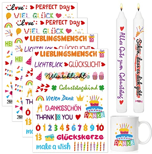 BETESSIN 4x Kerzen Tattoos Aufkleber Geburtstag Bunt Kerzen Tattoofolie Rub on Sticker für bis zu 60 Kerzen Kerzensprüche Happy Birthday Wasserschiebefolie Kerzensticker DIY Tasse Kerze Geschenk D