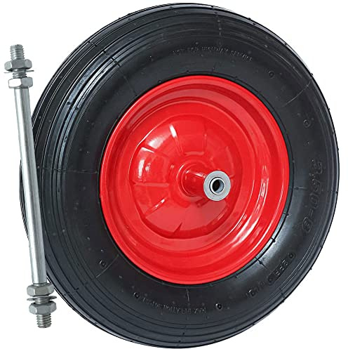 Bakaji Roue pneumatique pour brouette,caoutchouc à air 4 couches 3,50 8,bande de roulement sculptée,diamètre 38cm,largeur 9cm,jante en acier rouge,roues de rechange brouettes,idéales pour le bricolage