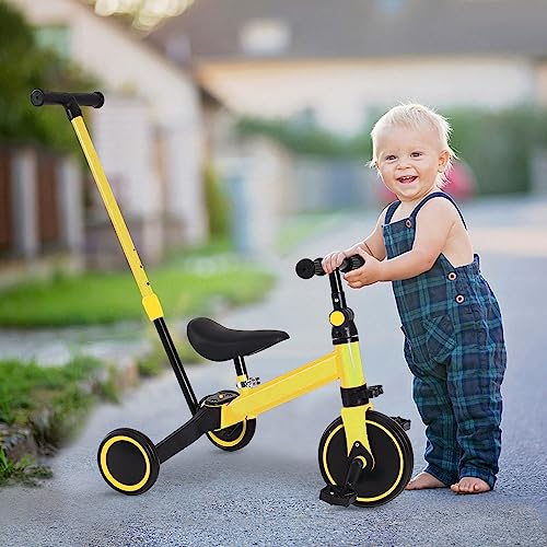 Kleinkind-Dreirad, Kinderfahrrad Laufrad mit Abnehmbare Zusammenklappbar Pedale, Dreirad mit Verstellbaren Sitzen, Lauflernhilfe für Kinder ab 1 Jahre bis 4 Jahren (Mit Putter-Gelb)