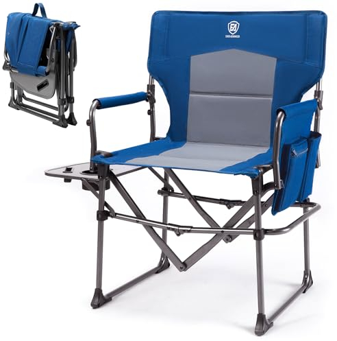 EVER ADVANCED Directors Chair for Adults, Oversized Camping Chair for Heavy People, Folding with Side Table, Heavy Duty Portable With Side Pocket Supports up to 180KG Blue