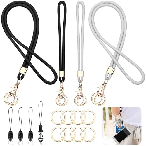 VEVOQIM Schlüsselband,4 Stück Schlüsselband Lang und Schlüsselband Kurz,Schlüsselbänder Lanyard Schlüsselband mit Karabiner,Mini Abnehmbare Schnalle,Vinyl-ID-Band,Schlüsselanhänger Band Schwarz Grau
