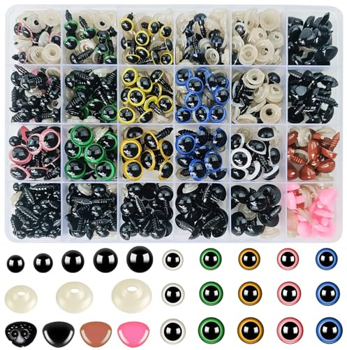 Hengxinchen 640 Stück 6-14mm Sicherheitsaugen für Häkeltiere Mehrfarbig | Amigurumi Augen, Augen zum Basteln Kunststoff Knopfaugen für Häkeltiere mit Unterlegscheiben für Puppe Marionette
