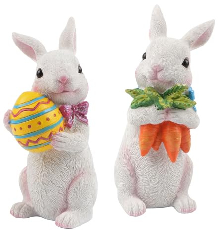 Jangostor 2 Stück Osterhasen Dekorationen Handbemalte Osterhasen Statue und Figuren mit Karotte & Ei, Tischdeko zu Ostern Hasendekor aus Harz für Zuhause Büro Party Tisch Frühlings Oster Dekoration