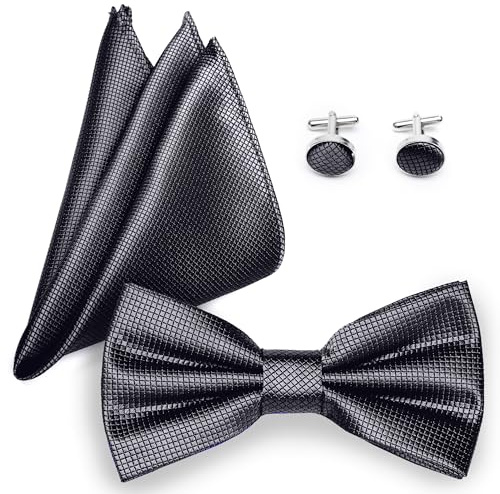 Ladeheid Fliege mit Einstecktuch Set Herren inkl. Manschettenknöpfe SETBHC (12cm x 6cm, Schwarz)