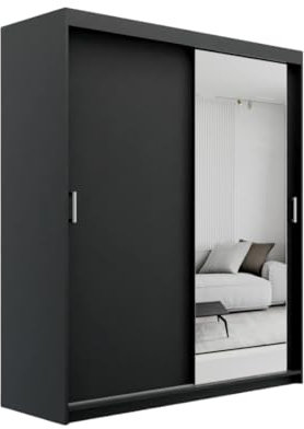 ELUKS OVI Double Sliding Doors Wardrobe with Mirror Furniture for Bedroom Living Room and Hall Wardrobe Organizer Width 100cm/120cm/150cm/180cm/200cm (Black, 100cm+2 drawers