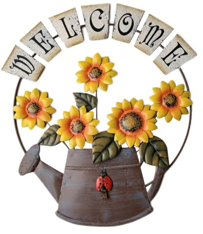 Comebachome Welcome Sunflower Sign, Iron Hanging Sunflower Welcome Sign with Watering Can Metal Sunflower Wall Art for Home Decor Yellow, Hanging Welcome Sign