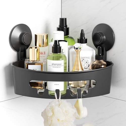 Luxear Corner Shower Caddy Suction Grey No Drilling Max Hold 20KG Shelf Suction Holder Organiser Heavy Duty with Hooks for Bathroom Storage Accessories Kitchen Rack