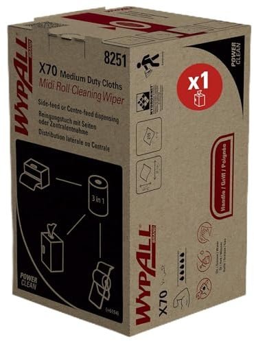 WypAll X70 Power Clean Reinigungstücher, blaue Wischtücher für mittelschwere Reinigungsaufgaben, 2-in-1 Midi-Rollenreinigungssystem, 1 Rolle x 215 Wischtücher, Artikel-Nr. 8251