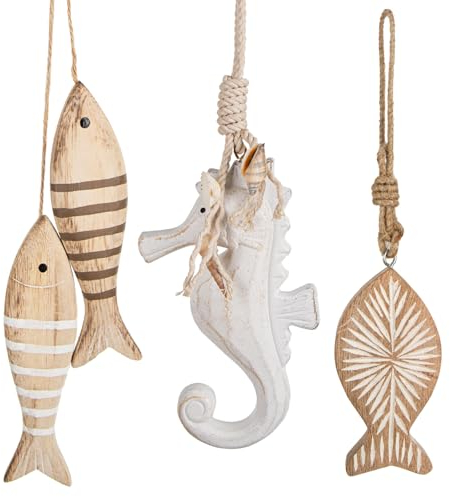 Logbuch-Verlag Maritime Deko zum Aufhängen Holz Anhänger Set 3-TLG. Fische + Seepferdchen für Wohnzimmer Badezimmer Balkon 20-25 cm