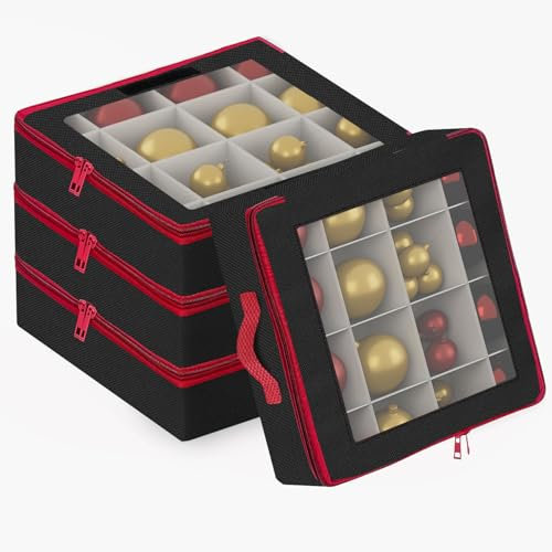 Weihnachtskugeln Aufbewahrungsbox mit Trennwände Weihnachtlicher Deko Box 4 Stück Faltbar Weihnachtsbaumschmuck Ball Organizer mit 2 Griffen Stapelbar (12.8x12.8x14inch,Schwarz)