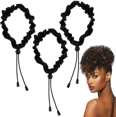 3 Stück Haargummis Verstellbar, Satin Pferdeschwanzhalter Afro-Puff-Scrunchies Unsichtbarer Schwarze Haarschmuck Rutschfeste Stirnbänder Zöpfe Lockenwickler Kopfbedeckung für Dicke Locken Haar-Styling