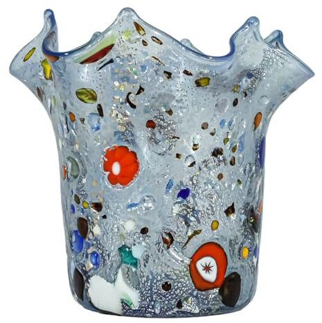 Millefiori Venise Italie Vase en verre de Murano Bleu Argenté 11 cm