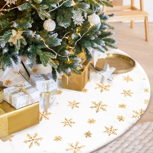XiXiRan Decke Weihnachtsbaum Rock 90 cm Runde, Schneeflocke weiß Plüsch Weihnachtsbaum Decke, Decke Unterm Tannenbaum, Christbaum Teppich für Weihnachtsbaum Verzierung (Goldene Schneeflocken, 90 cm)