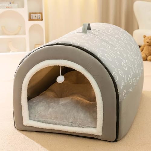 Mozzeilee 2 In 1 Dog House Large Pet Cave, Foldable Calming Dog Kennel with Anti Anxiety Soft Warm Cushion, Removable Washable Pet Igloo Bed for Dogs Cats, Non-Slip (L:60X45X40CM, Gray)